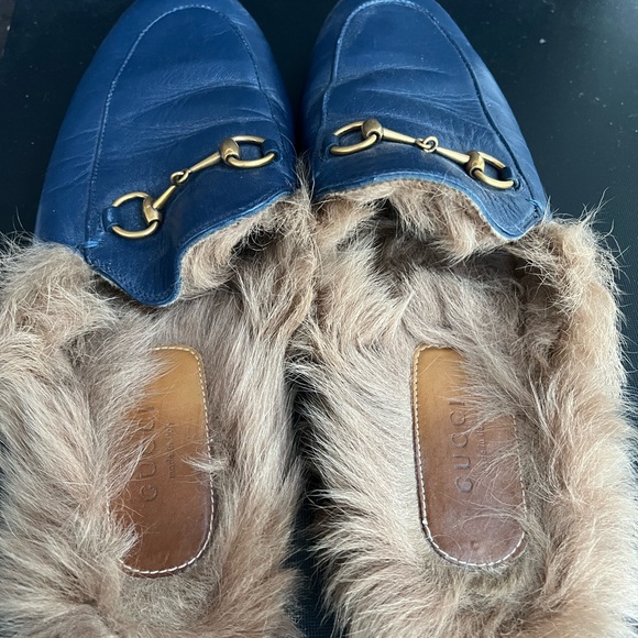 Women's Gucci Blue Princetown Leather Loafers With Fur size 38 1/2 - Picture 4 of 5